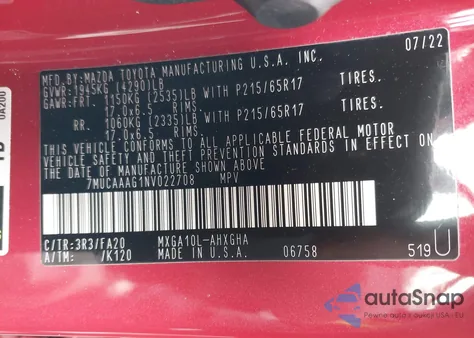 2022 Toyota Corolla Cross Le из США, поврежденный, VIN 7MUCAAAG1NV022708